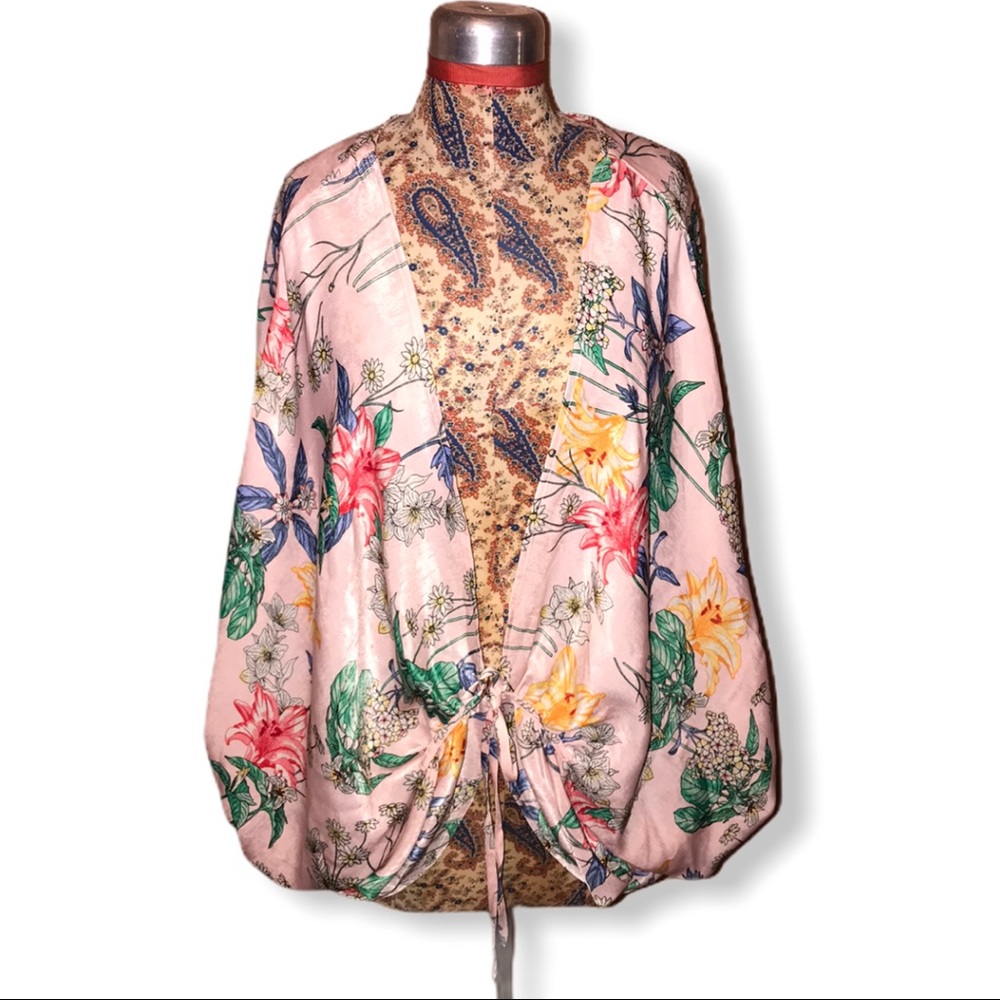 Satin tie waist  floral kimono